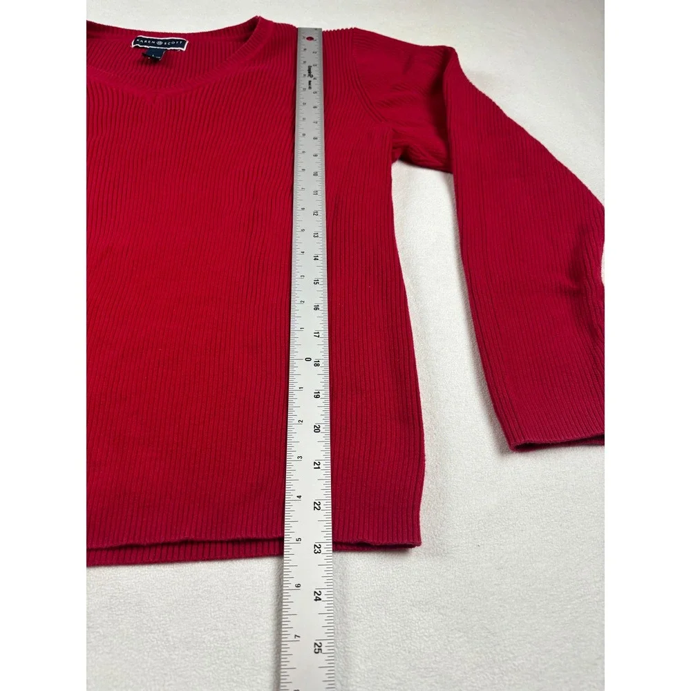 Karen Scott Womens Red Ribbed‎ V-Neck Cotton Sweater Large Long Sleeve Top
